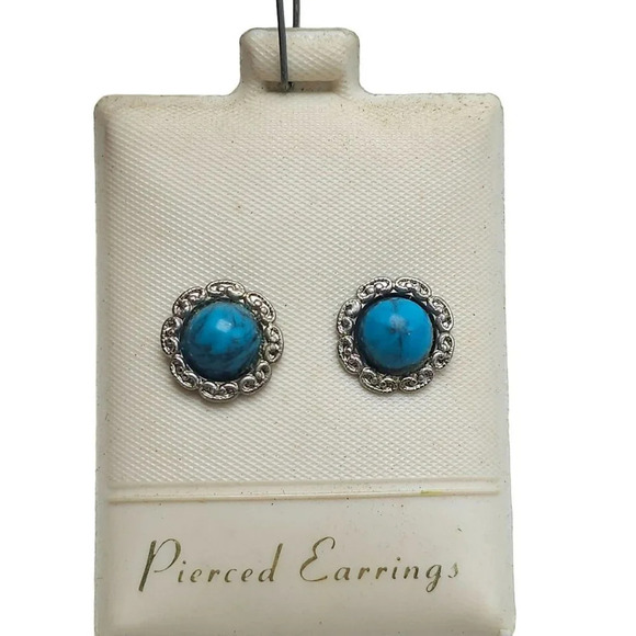 Blue Faux Turquoise Round Flower Pierced Studs Earrings Silver Tone Vintage NOS - Picture 1 of 4